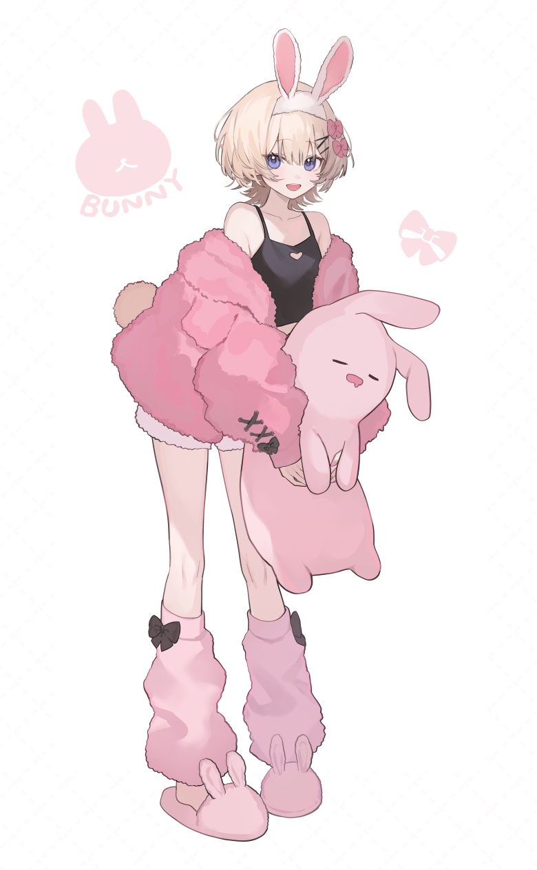 1girl animal_ears blonde_hair blue_eyes full_body hair_between_eyes highres looking_at_viewer open_mouth original rabbit_ears rabbit_girl rabbit_tail shugao sidelocks simple_background smile solo stuffed_animal stuffed_rabbit stuffed_toy tail teeth upper_teeth_only white_background