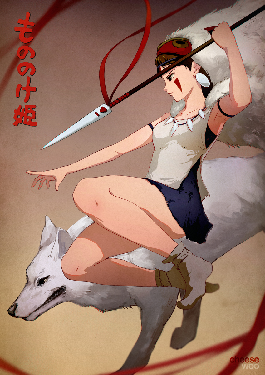 1girl armpits bone_necklace breasts brown_hair cheesewoo closed_mouth earrings facial_mark from_side full_body fur gradient_background highres holding holding_polearm holding_spear holding_weapon jewelry jumping legs mask mask_on_head mononoke_hime necklace outstretched_arm polearm profile san_(mononoke_hime) serious spear translated weapon white_wolf wolf