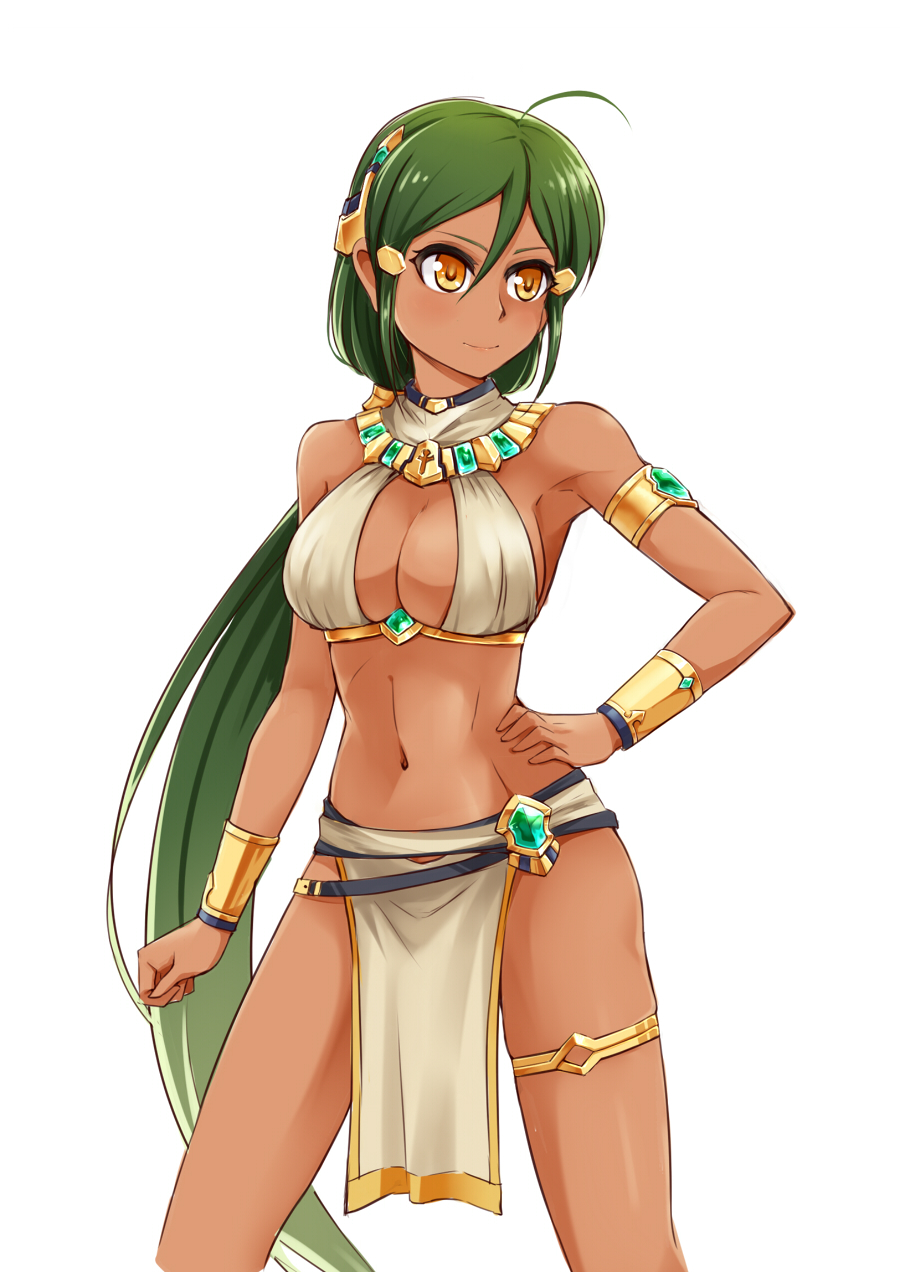 &gt;:) 1girl ahoge ancient_egyptian_clothes arm_at_side armlet armpits bare_shoulders blush bracer breasts cleavage cleavage_cutout clenched_hand closed_mouth clothing_cutout collar copyright_request cowboy_shot dark-skinned_female dark_skin female_focus gem green_gemstone hair_between_eyes hair_ornament hairclip hand_on_own_hip highres jewelry league_of_legends legs_apart loincloth long_hair looking_away looking_to_the_side low_ponytail medium_breasts nam_(valckiry) navel orange_eyes pelvic_curtain ponytail renekton revealing_clothes simple_background skindentation smile solo standing stomach thigh_strap v-shaped_eyebrows very_long_hair white_background