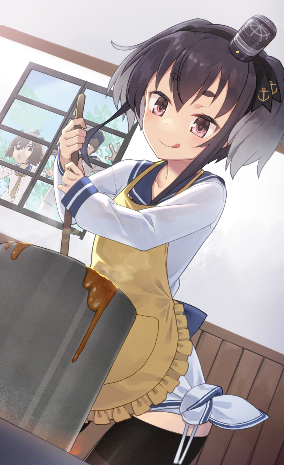 1boy 2girls :d admiral_(kancolle) apron black_hair black_legwear blue_sailor_collar brown_eyes chocolate cooking grey_hair hat highres indoors kantai_collection long_sleeves lowleg lowleg_pantyhose military military_uniform multiple_girls naval_uniform open_mouth panties pantyhose peaked_cap pot sailor_collar seamed_legwear shirt short_hair short_hair_with_long_locks side-seamed_legwear side-tie_panties sidelocks smile spoon tied_shirt tokitsukaze_(kancolle) tokumaro underwear white_panties window yukikaze_(kancolle)