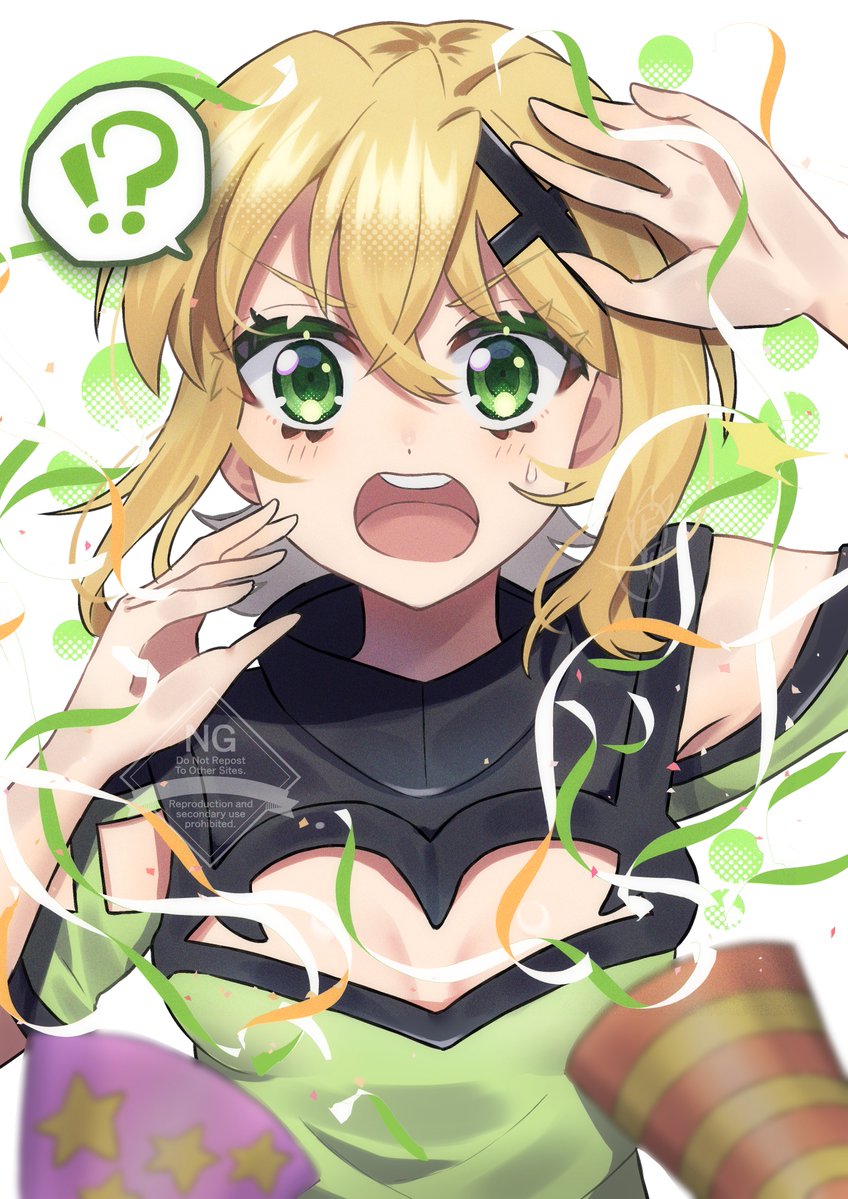 !? 1girl akatsuki_kirika black_skirt blonde_hair bow breasts cleavage_cutout close-up clothing_cutout confetti cross_hair_ornament gloves green_eyes green_shirt hair_between_eyes hair_bow hair_ornament hairclip kotou192 long_sleeves medium_breasts open_mouth pleated_skirt senki_zesshou_symphogear shirt short_hair short_sidetail side_ponytail simple_background skirt solo surprised white_background