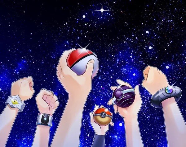 bracelet clenched_hand dynamax_band hands_up hisuian_poke_ball holding holding_poke_ball jewelry long_sleeves mega_stone night night_sky nintendo out_of_frame poke_ball poke_ball_(basic) pokemon sky sparkle star_(sky) starry_sky tera_orb yukari_(yukari21653710) z-ring