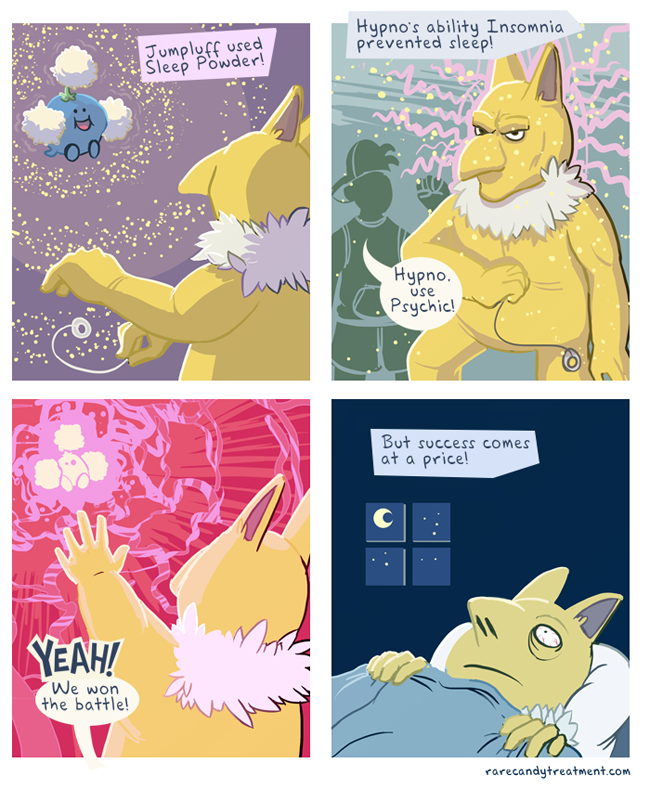 1boy 4koma baseball_cap battle blanket bummerdude comic commentary crescent_moon energy english_commentary english_text ethan_(pokemon) floating gameplay_mechanics gen_1_pokemon gen_2_pokemon hat holding holding_pendulum hypno indoors insomnia_(pokemon) jumpluff lying moon narration night night_sky nintendo on_bed pendulum pillow pokemon pokemon_(creature) pokemon_ability pokemon_move powder psychic_(pokemon_move) shorts silhouette sky sleep_powder_(pokemon) square_4koma standing star_(sky) starry_sky telekinesis watermark web_address window