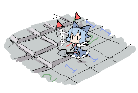 1girl cirno dai-oki female_focus flag holding holding_shovel lowres minesweeper shovel touhou