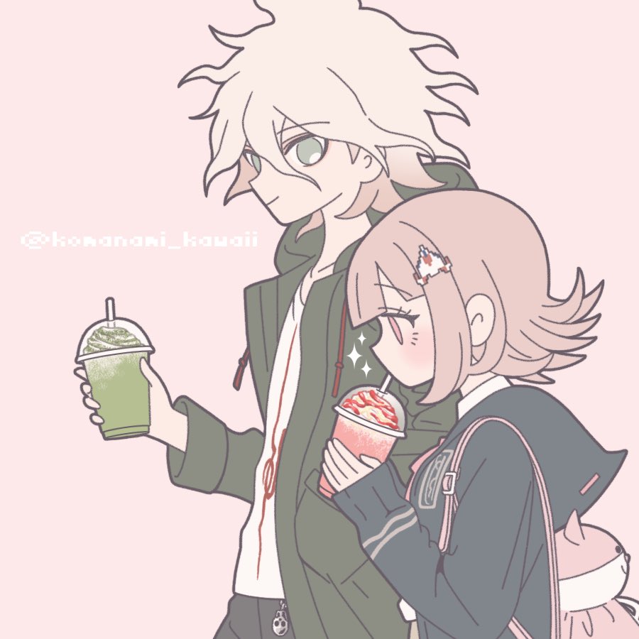 1boy 1girl animal_bag brown_hair cat_bag danganronpa_(series) danganronpa_2:_goodbye_despair drinking flipped_hair galaga grey_hair hair_ornament holding hood hood_down hooded_jacket jacket komaeda_nagito komanami_kawaii long_sleeves medium_hair messy_hair nanami_chiaki open_clothes pink_bag shirt simple_background smile spaceship_hair_ornament white_background white_shirt