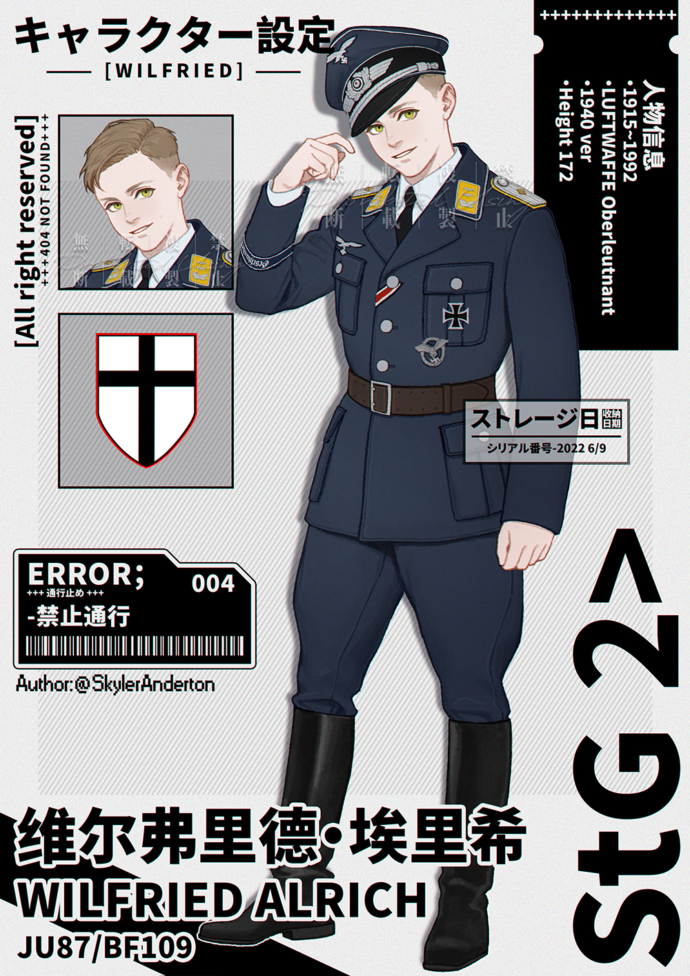 1boy 404 artist_name badge belt belt_buckle bilingual_text black_boots black_hat black_necktie black_ribbon blackletter blue_hat blue_jacket blue_pants boots breast_pocket brown_belt brown_hair buckle buttons character_name character_profile chinese_text clenched_hand collar_tabs collared_shirt commentary cross cuff_title dated diagonal_stripes drop_shadow english_commentary english_text error_message german_commentary grey_background hat hat_ornament head_tilt height heraldry highres http_status_code insignia iron_cross jacket lapels latin_cross long_sleeves looking_at_viewer luftwaffe male_focus military_dress_uniform military_hat military_jacket military_uniform mixed-language_commentary mixed-language_text multicolored_ribbon necktie no_headwear notched_lapels original pants pants_tucked_in parted_hair parted_lips peaked_cap pocket portrait red_ribbon reichsadler ribbon shirt short_hair skyleranderton smile solo striped swastika tilted_headwear two-tone_headwear undercut very_short_hair watermark white_background white_ribbon white_shirt white_trim wilfried_alrich_(skyleranderton) world_war_ii yellow_eyes