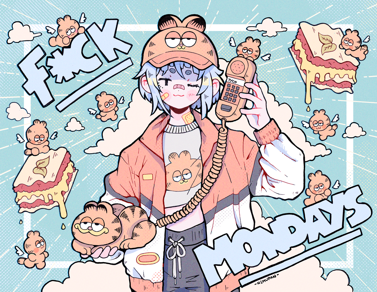 1girl :3 angel_wings animal_ear_headwear animal_ears artist_name bandaid bandaid_on_face bandaid_on_neck bandaid_on_nose baseball_cap black_eyes blue_background blush_stickers border cat cat_ears censored censored_text chibi closed_mouth cloud corded_phone cowboy_shot emphasis_lines english_text fake_animal_ears food garfield garfield_(character) half-closed_eyes hat holding holding_phone jacket lasagne long_sleeves looking_at_viewer monday multicolored_jacket nemupan one_eye_closed open_clothes open_jacket orange_hat orange_jacket original outside_border phone profanity short_hair solo straight-on sweater white_border white_hair white_sweater wings