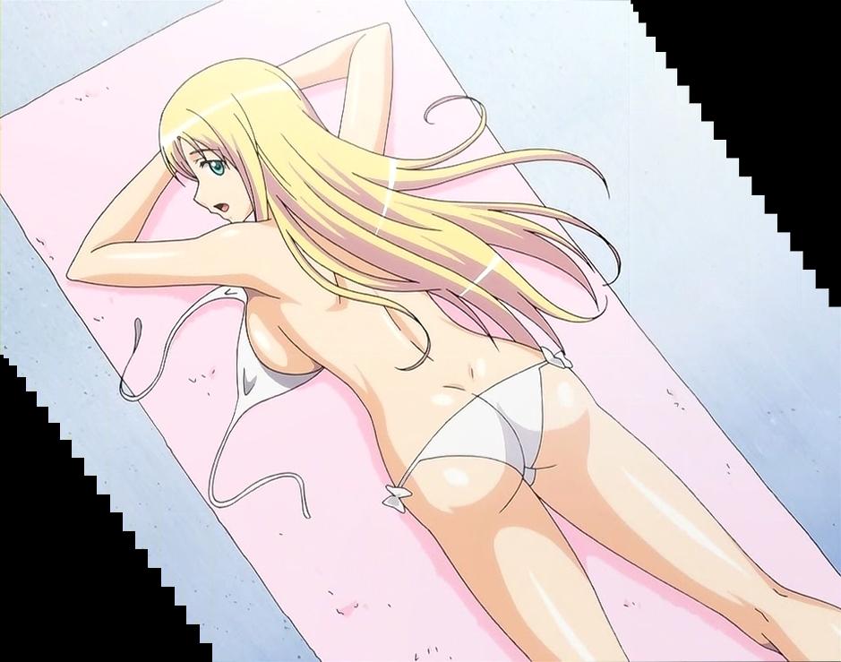 1girl anime_screenshot ass backboob bikini blonde_hair blush breast_press breasts date_wingfield_reiko fault!! green_eyes long_hair looking_back lying on_stomach open_mouth stitched sunbathing swimsuit third-party_edit topless_female towel untied_bikini white_bikini