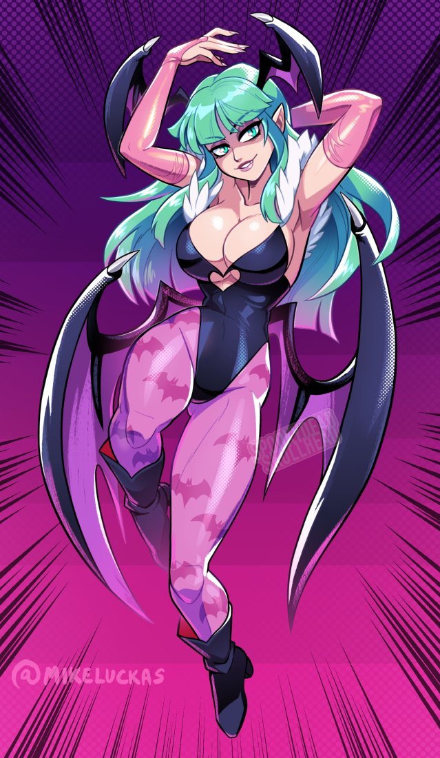 1girl animal_print bare_shoulders bat_print black_footwear black_leotard breasts bridal_gauntlets capcom cleavage clothing_cutout collarbone darkstalkers demon_girl green_eyes green_hair head_wings heart_cutout large_breasts leotard long_hair mike_luckas morrigan_aensland pantyhose purple_pantyhose solo wings