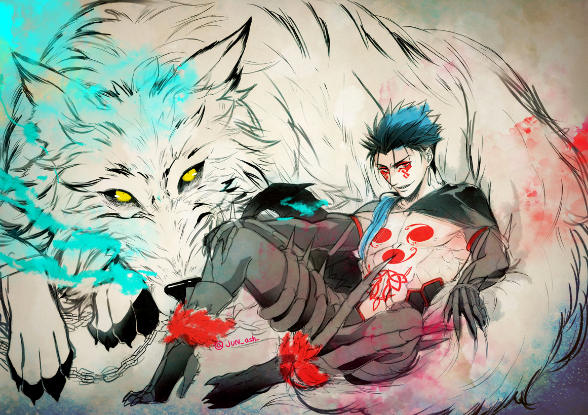 1boy bare_pectorals black_gloves black_sclera blue_fire blue_hair breath_weapon breathing_fire chain chest_tattoo colored_sclera cu_chulainn_(fate) cu_chulainn_(fate/stay_night) cu_chulainn_alter_(fate) cu_chulainn_alter_(fate/grand_order) earrings elbow_gloves fate/grand_order fate_(series) fire gloves hair_over_shoulder hair_strand jewelry jun_(ash) lobo_(fate) long_hair looking_at_viewer pectorals red_eyes sharp_teeth smile spikes tattoo teeth white_wolf wolf yellow_eyes