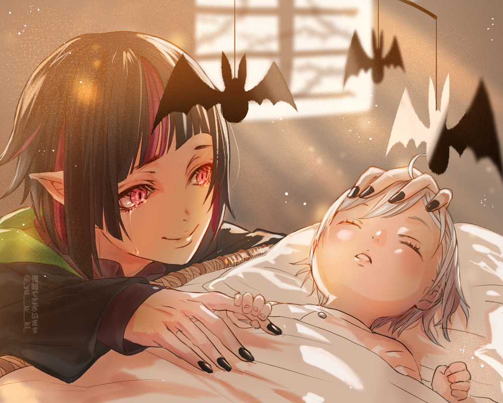 1boy aged_down androgynous black_hair child commentary_request crying crying_with_eyes_open grey_hair hand_on_another&#039;s_head indoors lilia_vanrouge mobile multicolored_hair pink_hair pointy_ears short_hair silver_vanrouge sleeping smile streaked_hair sunlight tears twisted_wonderland under_covers window yuuki_(yukko7474)