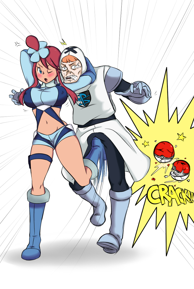 1boy 1girl ball_busting boots covered_erect_nipples crotch_kick foaming_at_the_mouth gloves headlock highres kicking midriff nintendo ocigart poke_ball pokemon pokemon_bw skyla_(pokemon) team_plasma team_plasma_grunt