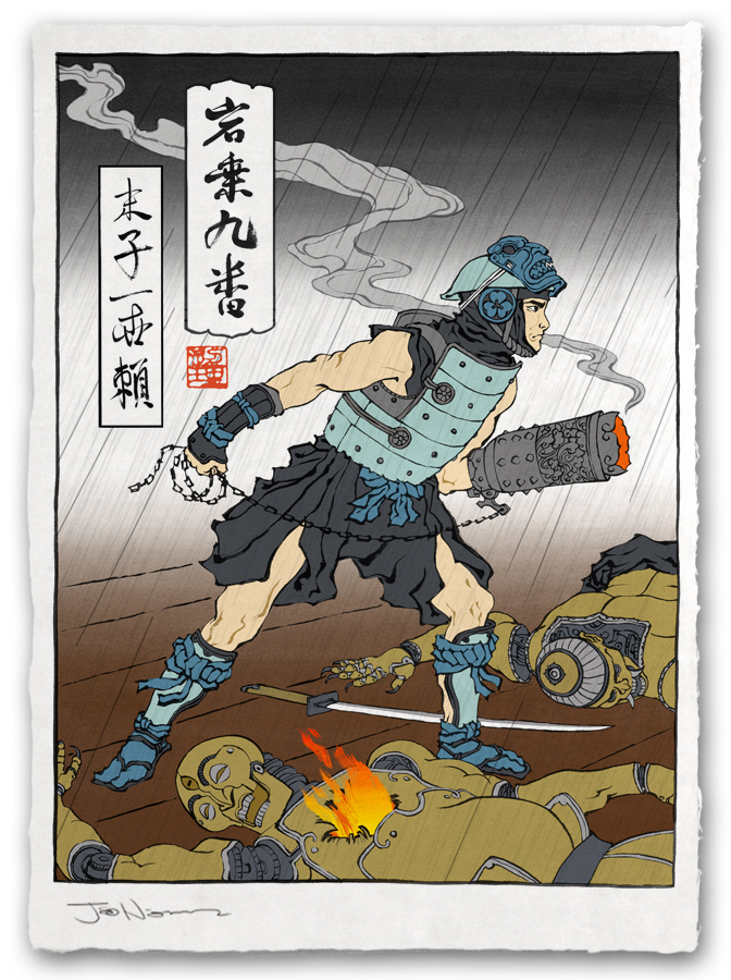1boy arm_cannon armcannon armor beck_(mighty_no._9) cannon chain fine_art_parody fire japanese_armor jed_henry katana mighty_no._9 nihonga parody rain robot smoke sword ukiyo-e weapon