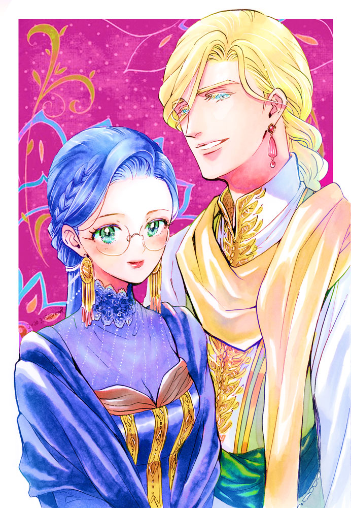 1boy 1girl blonde_hair blue_eyes blue_hair blush braid breasts cleavage closed_mouth dress earrings final_fantasy final_fantasy_iv final_fantasy_iv:_the_after_years edward_chris_von_muir glasses green_eyes harley_(ff4) jewelry lipstick long_hair looking_at_viewer makeup medium_breasts mitsuharu_nene smile