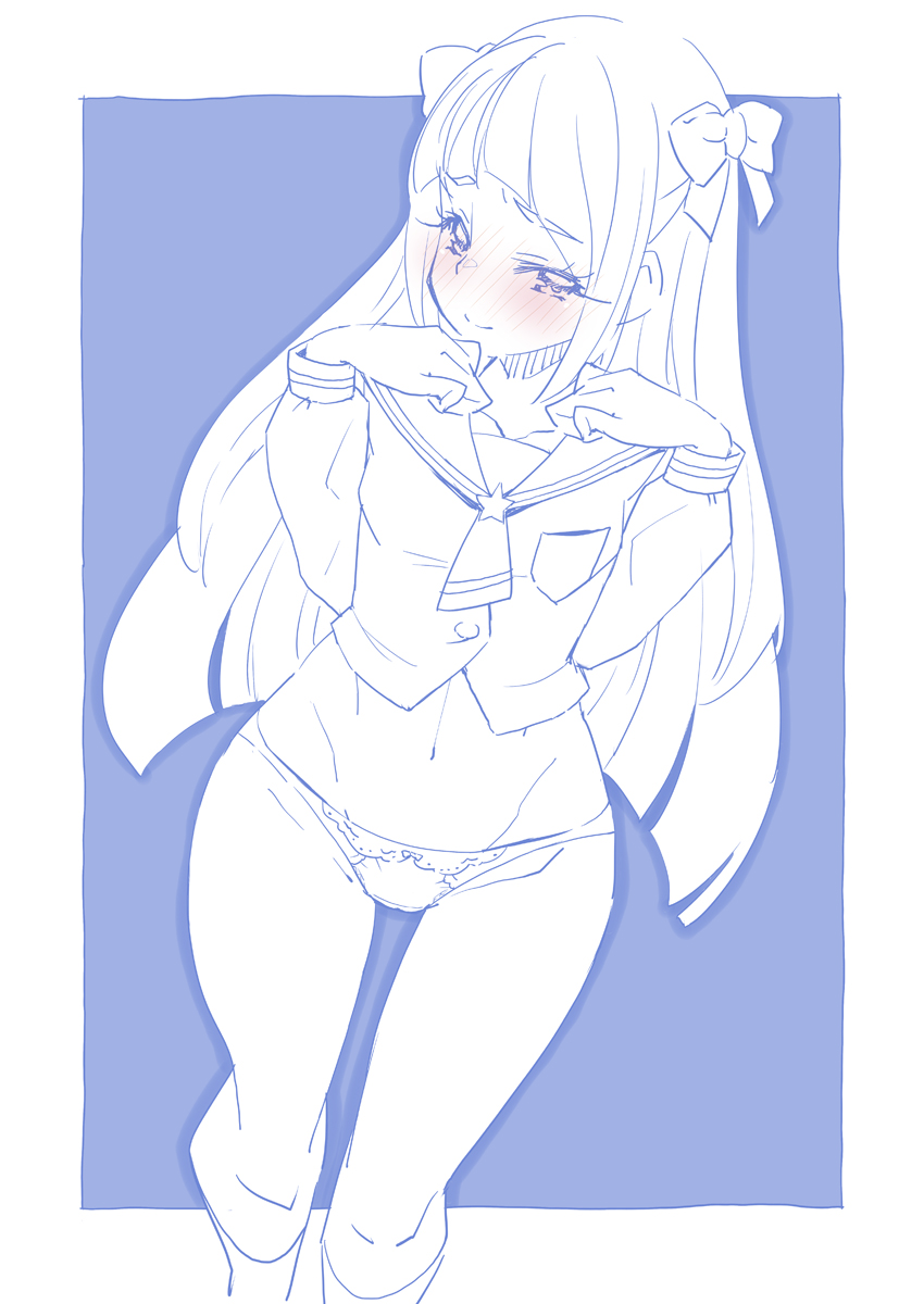 1girl blouse blue_theme blush bow bow_panties closed_mouth commentary crotch_seam hair_bow half-closed_eyes highres kaguya_madoka kneehighs long_hair long_sleeves looking_at_viewer mihoshi_middle_school_uniform miyagoe_yoshitsuki monochrome navel neck_ribbon no_pants panties precure ribbon sailor_collar school_uniform shirt smile socks solo standing star_(symbol) star_twinkle_precure underwear