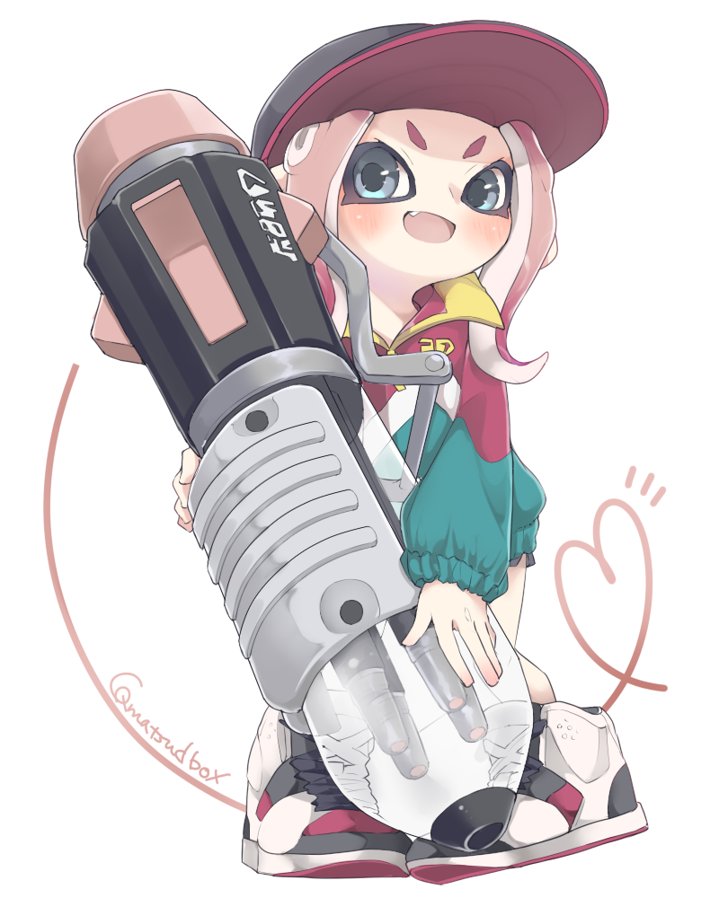 1girl artist_name ballpoint_splatling_(splatoon) baseball_cap black_hat blue_eyes blue_jacket commentary_request fang full_body hat high_tops holding holding_weapon jacket long_hair long_sleeves looking_at_viewer matsushita_(matsudbox) multicolored_jacket nintendo octoling octoling_girl octoling_player_character open_mouth pink_hair pink_jacket shoes smile sneakers solo splatoon_(series) standing tentacle_hair v-shaped_eyebrows weapon white_background white_jacket white_shoes