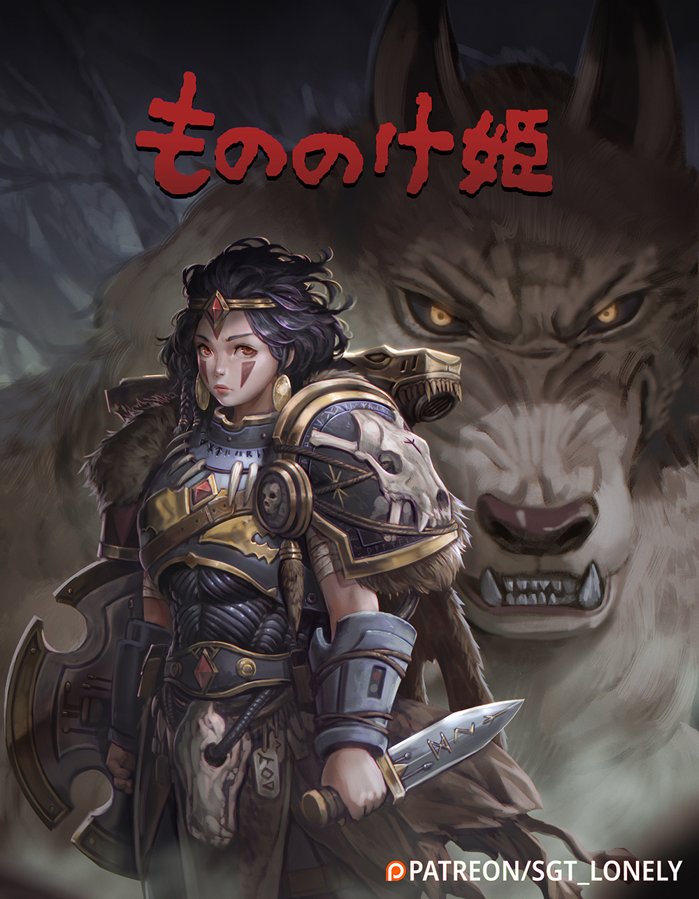 1girl 1other adapted_costume animal armor black_hair black_sclera breastplate brown_eyes circlet colored_sclera commentary crossover earrings english_commentary facepaint faulds forehead_jewel gladius highres holding holding_shield holding_sword holding_weapon jewelry mononoke_hime moro_no_ichizoku necklace oversized_animal pauldrons reverse_grip san_(mononoke_hime) sgt_lonely shield short_hair short_sword shoulder_armor skull_ornament solo_focus sword teeth tooth_necklace translation_request vambraces warhammer_40k weapon wolf
