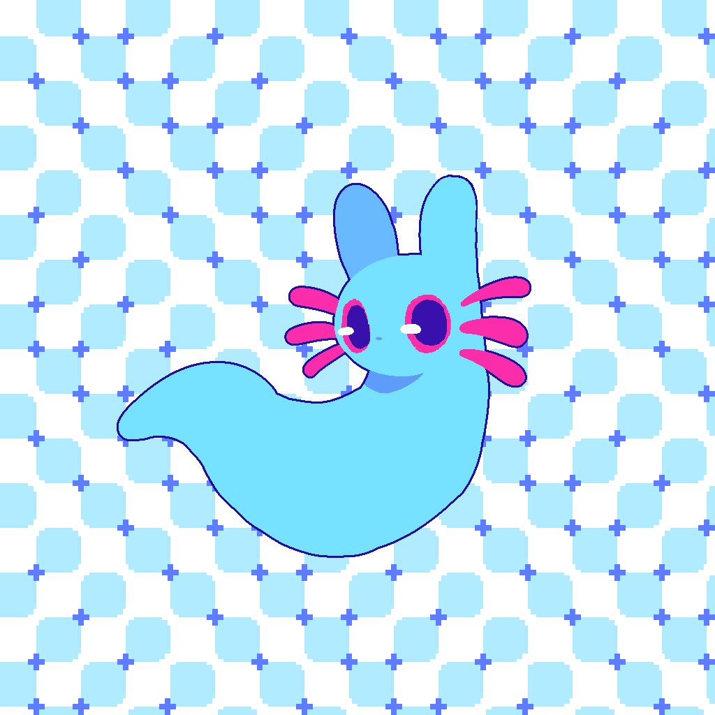 axolotl_ears blue_background blue_fur chinese_commentary commentary_request creature illness_y910 looking_at_viewer monster no_feet no_hands no_humans no_mouth optical_illusion pink_eyes pixel_art primrose_field_illusion rain_world rivulet_(rain_world) slugcat white_background