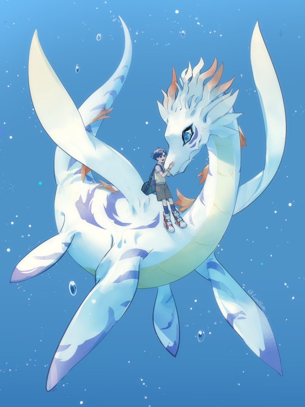 1boy 1other digimon digimon_(creature) highres kido_jo looking_at_another plesiomon plesiosaur underwater