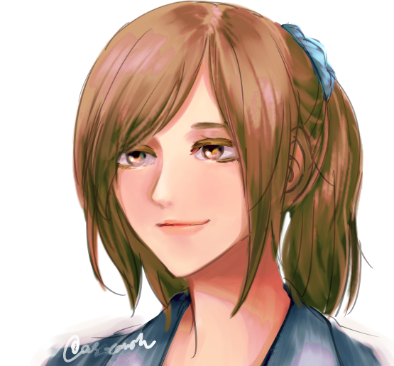1girl asou_(cafe_yumegen) brown_eyes brown_hair city_shrouded_in_shadow granzella happy kouno_yuki ponytail simple_background smile white_background
