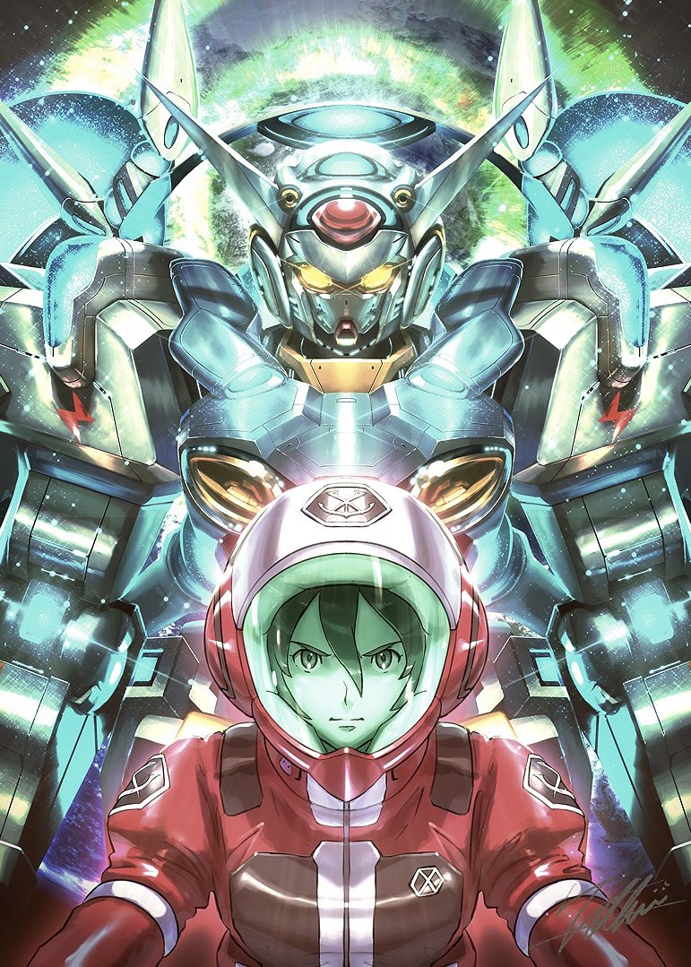 1boy bellri_zenam commentary g-self glowing glowing_eyes gundam gundam_g_no_reconguista hair_between_eyes helmet looking_at_viewer male_focus mecha mecha_pilot_suit mobile_suit normal_suit_(gundam) pilot_suit robot science_fiction signature space totthii0081 upper_body yellow_eyes