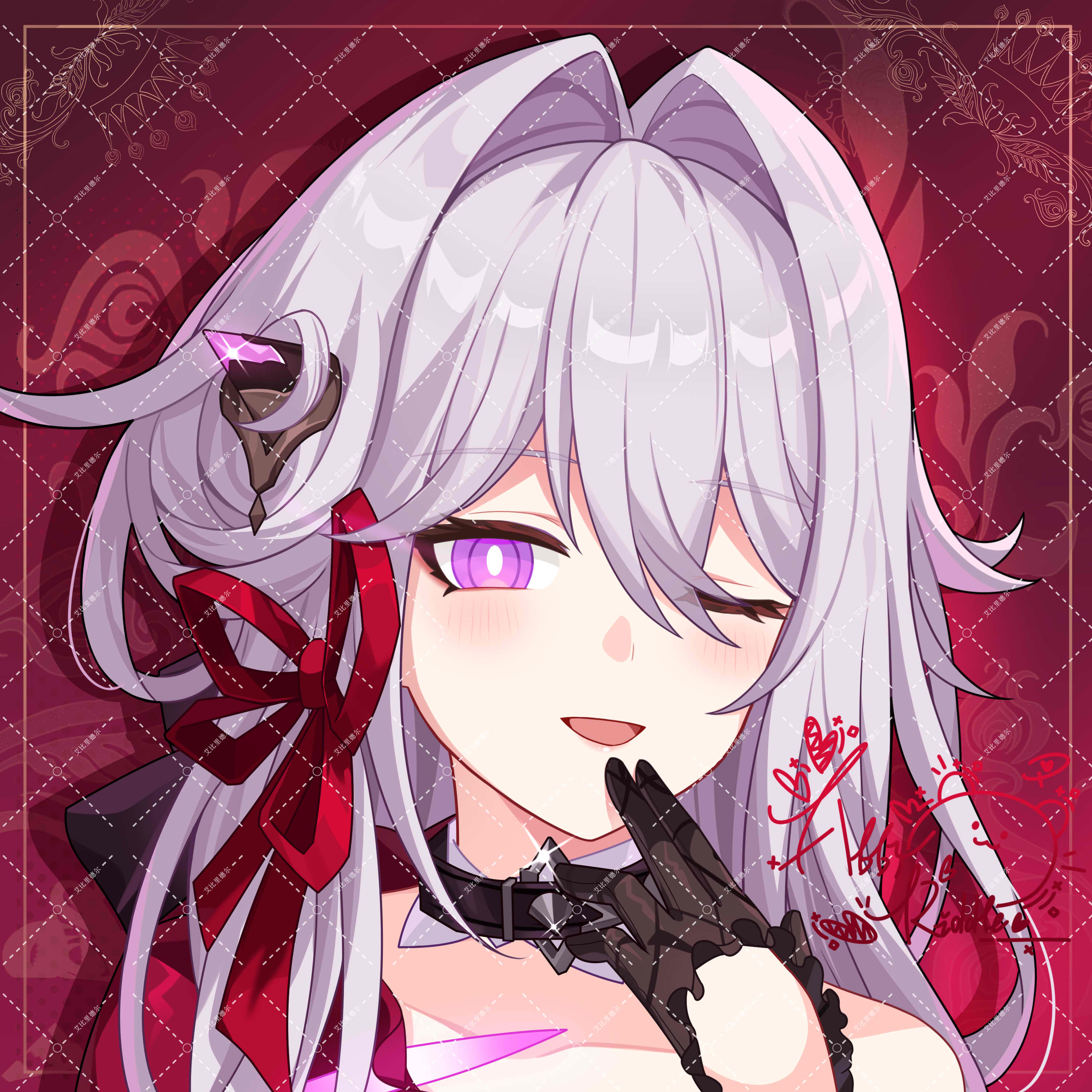 1girl abby_riddle absurdres artist_logo black_choker black_gloves black_horns bright_pupils chinese_commentary choker commentary_request finger_to_mouth gloves hair_between_eyes hair_intakes hair_ribbon half_gloves highres honkai_(series) honkai_impact_3rd horns light_blush logo long_hair looking_at_viewer one_eye_closed open_mouth portrait purple_eyes red_background red_ribbon ribbon side_horn single_bare_shoulder single_horn smile solo thelema_nutriscu thelema_nutriscu_(mad_pleasure:_shadowbringer) white_hair white_pupils