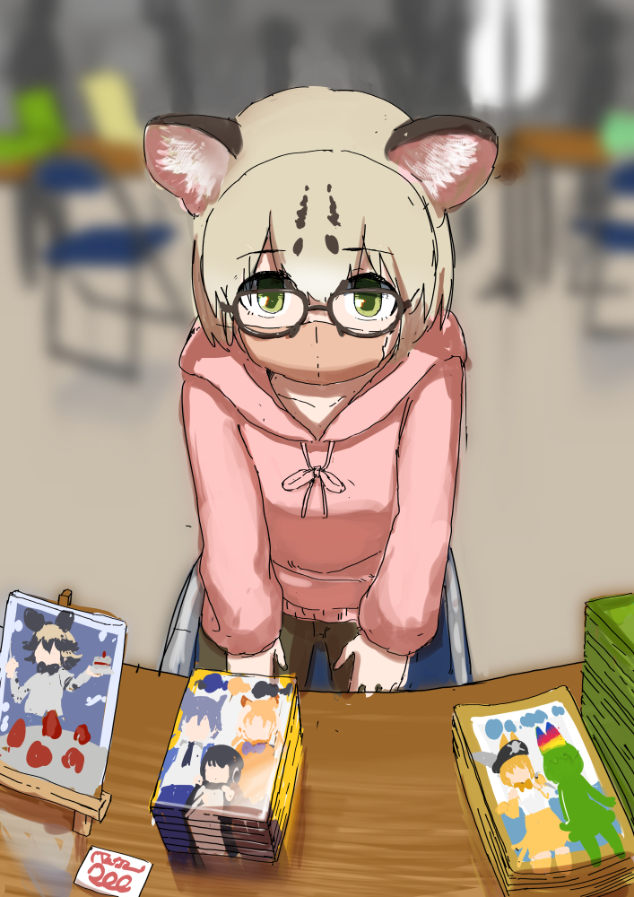 1girl alternate_costume animal_ears blonde_hair brown_hair cat_ears cat_girl chair commentary_request glasses green_eyes kemono_friends long_sleeves looking_at_viewer looking_up manga_(object) margay_(kemono_friends) mask multicolored_hair pink_mask pink_sweater sitting solo sweater yumeumi_sousaku