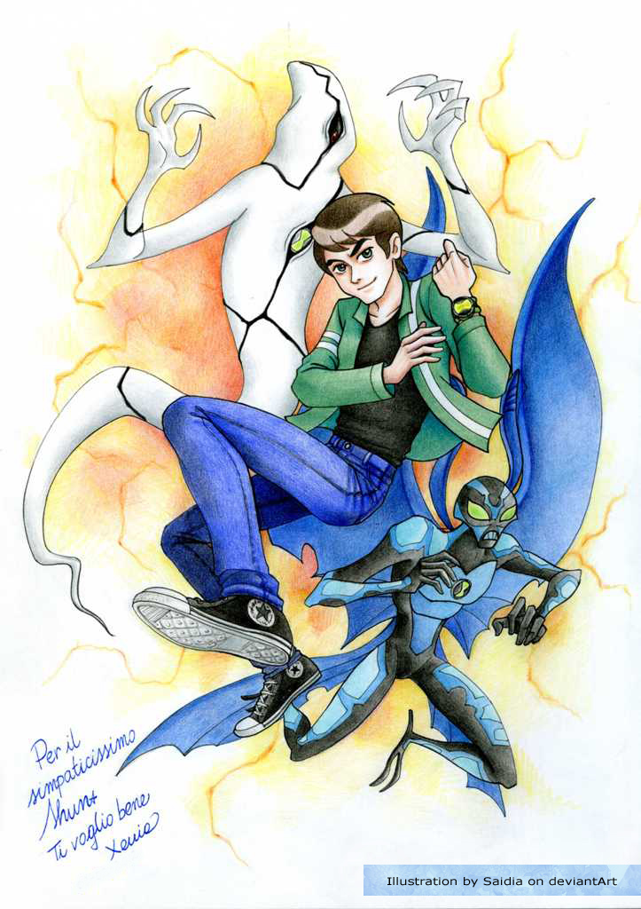 1boy ben_10 ben_10:_alien_force ben_tennyson big_chill brown_hair ghostfreak green_eyes male_focus omnitrix shirt short_hair short_sleeves silhouette solo