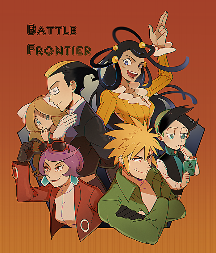 3boys 3girls argenta_(pokemon) asymmetrical_hair black_gloves black_hair blonde_hair blue_eyes breasts brown_background brown_hair caitlin_(pokemon) cleavage closed_eyes commentary crossed_arms dahlia_(pokemon) darach_(pokemon) denbaa english_commentary eyewear_on_head frontier_brain frown furrowed_brow glasses gloves gradient_background holding long_sleeves looking_at_viewer looking_away medium_breasts multiple_boys multiple_girls nintendo orange_background palmer_(pokemon) pokemon pokemon_dppt pokemon_platinum purple_hair smile smirk spiked_hair sunglasses sunglasses_on_head symbol-only_commentary thorton_(pokemon) upper_body
