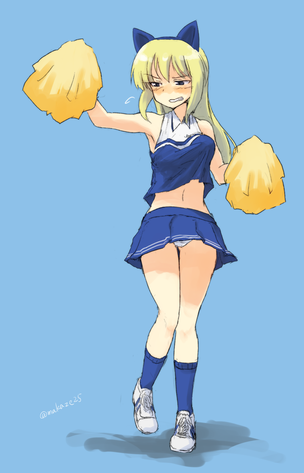 1girl animal_ears armpits bare_shoulders blouse blue_background blue_shirt blue_skirt blue_socks blush cheerleader clenched_teeth fake_animal_ears female_focus full_body highres long_hair makaze_(t-junction) marian_e._carl noble_witches outstretched_arm panties pantyshot pom_pom_(cheerleading) shirt shoes simple_background skirt sleeveless sleeveless_shirt sneakers socks solo sportswear standing strike_witches tank_top teeth underwear uniform white_shoes world_witches_series