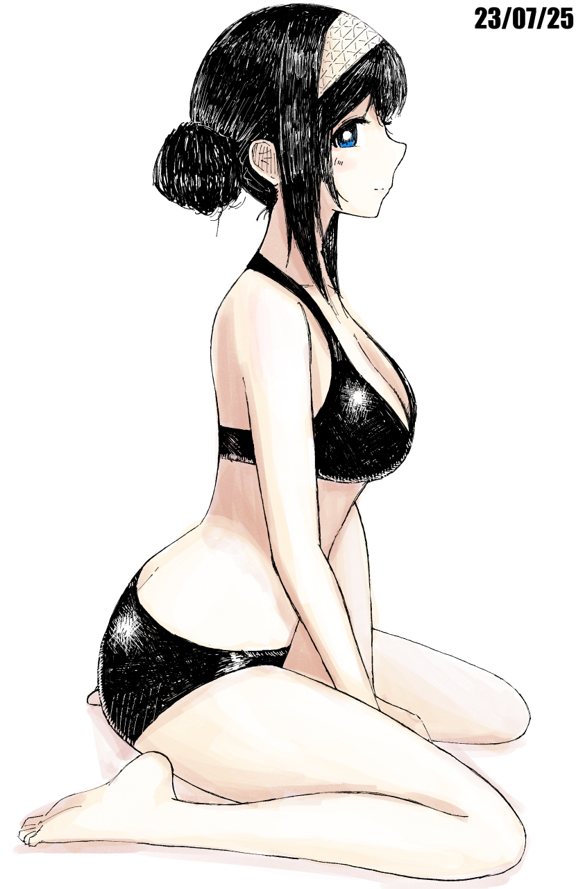 1girl bare_shoulders barefoot bikini black_bikini black_hair blue_eyes blush breasts bright_pupils butt_crack cleavage collarbone dated from_side hair_bun hairband highres idolmaster idolmaster_cinderella_girls kneeling koitusmile large_breasts looking_at_viewer own_hands_together sagisawa_fumika sideways_glance single_hair_bun sitting sketch soles swimsuit thighs toes white_background white_hairband