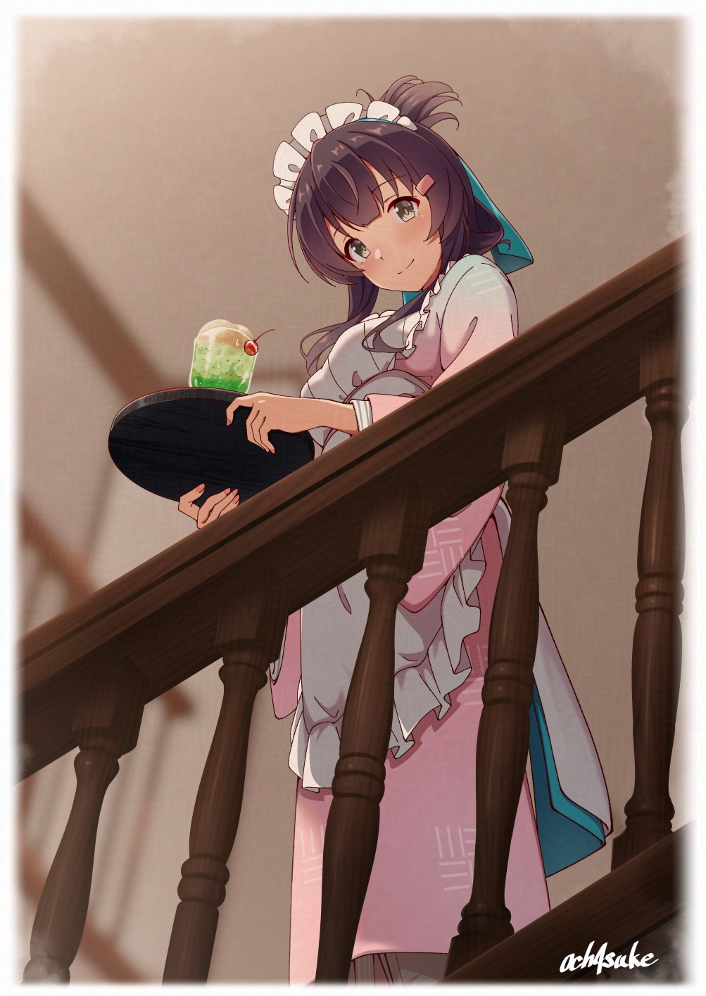 1girl apron blush breasts closed_mouth commentary_request cup drink folded_ponytail frilled_apron frills green_eyes highres holding holding_tray indoors japanese_clothes kimono large_breasts long_sleeves looking_at_viewer maid maid_apron maid_headdress melon_soda motsutoko pink_kimono purple_hair smile solo standing toji_no_miko tray twitter_username wa_maid white_apron yanase_mai