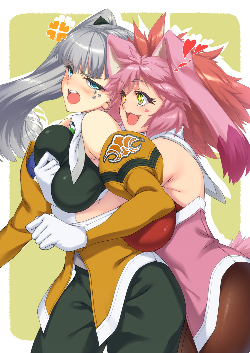 +_+ 2girls :3 :d anger_vein animal_ears bare_shoulders blue_eyes blush blush_stickers breasts brown_legwear cyborg detached_sleeves colored_bangs floppy_ears gloves green_eyes groping heart highres kanata_(kanata_onion) large_breasts long_hair long_sleeves medium_breasts multiple_girls open_mouth pantyhose pink_hair rabbit_ears rabbit_girl rabbit_tail screw seraphita_(xenogears) silhouette silver_hair smile tail teeth tolone_(xenogears) v-shaped_eyebrows white_gloves xenogears