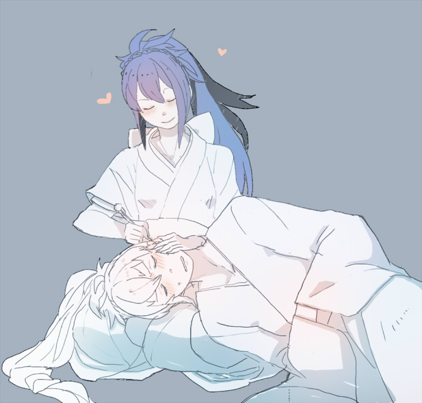 1boy 1girl blue_hair closed_eyes closed_mouth couple ear_cleaning facing_viewer fire_emblem fire_emblem_fates heart hetero high_ponytail nintendo oboro_(fire_emblem) ponytail saito_(nezumiiro) takumi_(fire_emblem)