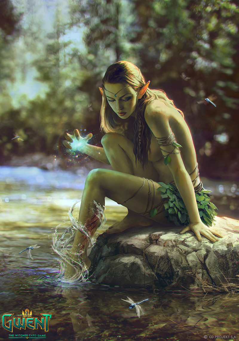 1girl akreon breasts brown_hair cd_projekt_red colored_skin dryad elf green_skin gwent_(game) hair_ornament hydrokinesis long_hair magic medium_breasts nature official_art plant_clothing pointy_ears river solo the_witcher_(series) topless_female water