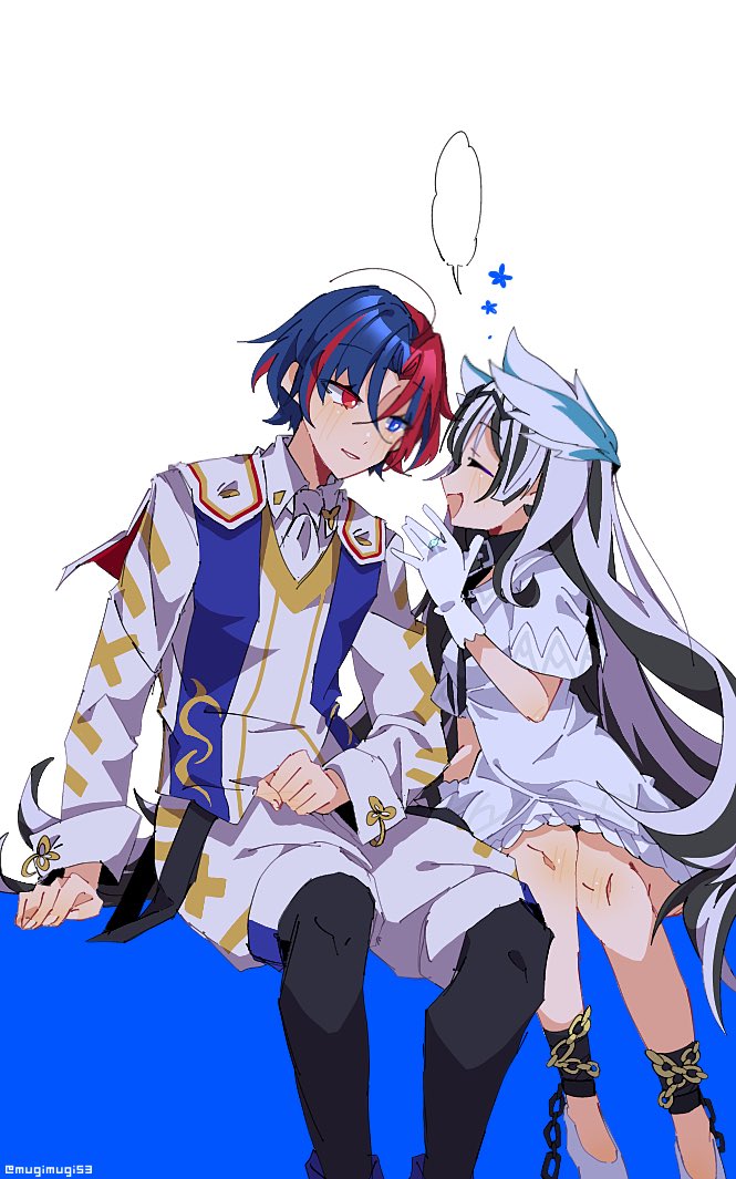 1girl alear_(fire_emblem) alear_(male)_(fire_emblem) bare_shoulders black_choker black_hair blue_hair breasts brother_and_sister choker crossed_bangs dress feather_hair_ornament feathers fire_emblem fire_emblem_engage grey_hair hair_ornament long_hair mugimugis multicolored_hair nintendo official_alternate_costume petite purple_eyes red_hair short_hair siblings small_breasts solo two-tone_hair very_long_hair veyle_(fire_emblem) wavy_hair