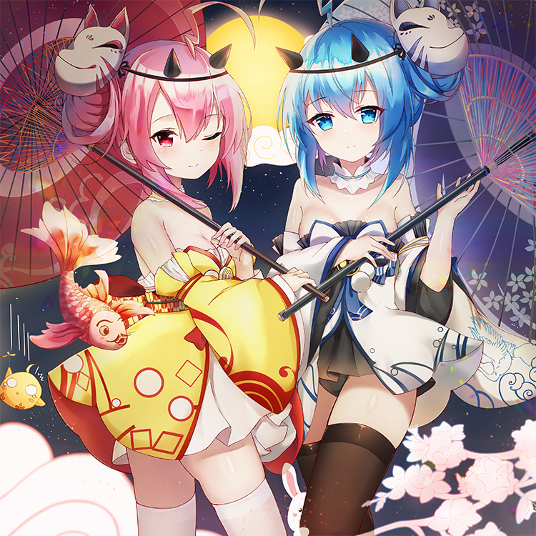 2girls ahoge azur_lane bare_shoulders bird black_legwear black_panties blue_eyes blue_hair breasts chick choker cleavage cloud commentary_request cowboy_shot detached_sleeves closed_eyes fish floral_print fox_mask full_moon holding holding_umbrella horns ikazuchi_(azur_lane) ikazuchi_(thunderous_festival)_(azur_lane) inazuma_(azur_lane) inazuma_(flash_of_fireworks)_(azur_lane) japanese_clothes kana_(kuaua) kimono koi long_hair long_sleeves looking_at_viewer manjuu_(azur_lane) mask mask_on_head medium_breasts mid-autumn_festival moon motion_lines multiple_girls night night_sky oil-paper_umbrella one_eye_closed panties photoshop_(medium) pink_hair red_eyes short_kimono sidelocks sky smile standing strapless thighhighs umbrella underwear white_kimono white_legwear wide_sleeves yellow_kimono zettai_ryouiki
