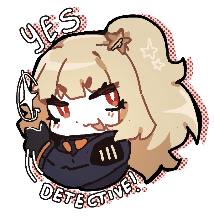 1girl :3 black_gloves blonde_hair blue_jacket blush ezra_(project_moon) gloves hair_ornament jacket long_hair long_sleeves ny_000a open_mouth ponytail project_moon red_eyes sidelocks simple_background smile solo sparkle star_(symbol) star_hair_ornament the_distortion_detective thumbs_up white_background