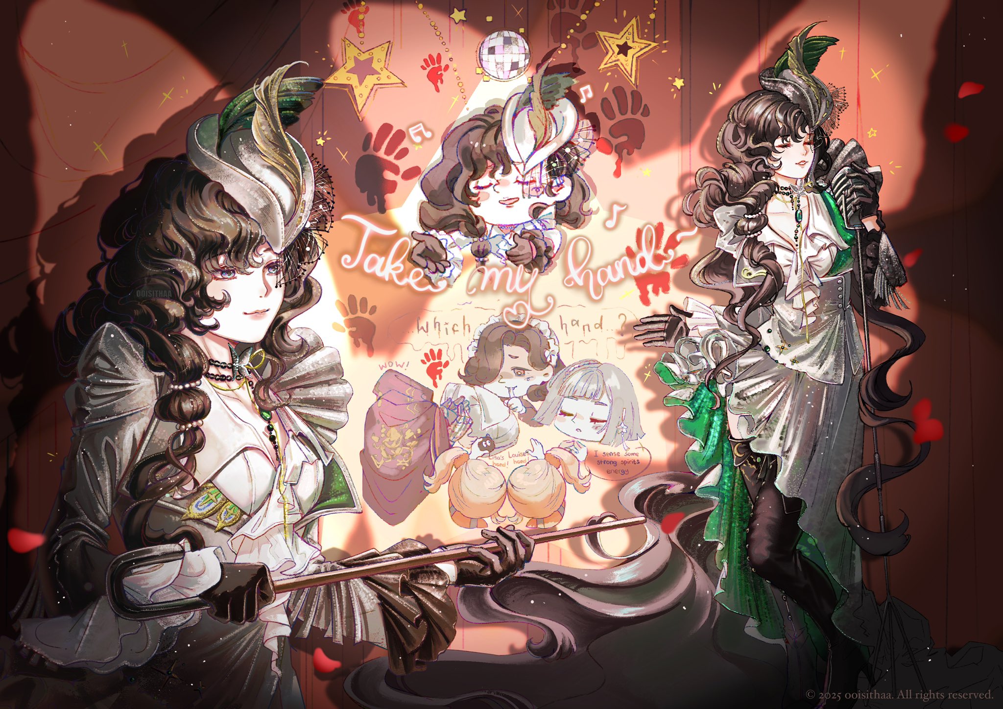 1boy 5girls a_knight_(reverse:1999) black_footwear black_gloves black_hair blanket blue_cape blunt_bangs bob_cut boots cane cape chibi chibi_inset closed_eyes closed_mouth curly_hair disco_ball english_text finger_to_mouth full_body gauntlets gloves grey_hair grey_hat grey_jacket grey_skirt hair_over_one_eye handprint hands_up hat high-low_skirt high_heels highres holding holding_blanket holding_cane holding_microphone_stand index_finger_raised isolde_(and_all_that_jazz)_(reverse:1999) isolde_(reverse:1999) jacket jewelry long_hair mercuria_(reverse:1999) microphone microphone_stand multiple_girls multiple_views music necklace official_alternate_costume one_eye_covered pearl_necklace pink_lips purple_hair red_background reverse:1999 shadow shirt short_hair shushing siblings side_ponytail singing skirt smile spotlight standing swaddled syta thigh_boots tuesday_(reverse:1999) twins twins_sleep upper_body vintage_microphone white_shirt