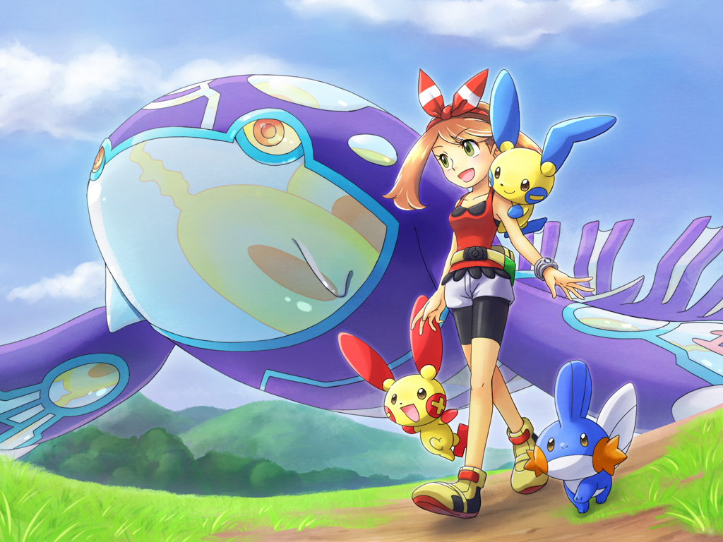 1girl :d black_leggings black_undershirt blue_sky blush closed_mouth cloud colored_sclera commentary_request day dot_nose eyelashes floating full_body game_freak gen_3_pokemon grass green_eyes hairband kyogre legendary_pokemon leggings may_(pokemon) mega_ring mega_stone minun minus_sign mountainous_horizon mudkip nintendo on_shoulder open_mouth orange_eyes outdoors plus_sign plusle pokemon pokemon_(creature) pokemon_on_shoulder pokemon_oras primal_kyogre red_hairband red_tank_top shoes short_hair shorts sky smile standing tank_top walking wataame_(tulip) white_shorts yellow_sclera yellow_shoes