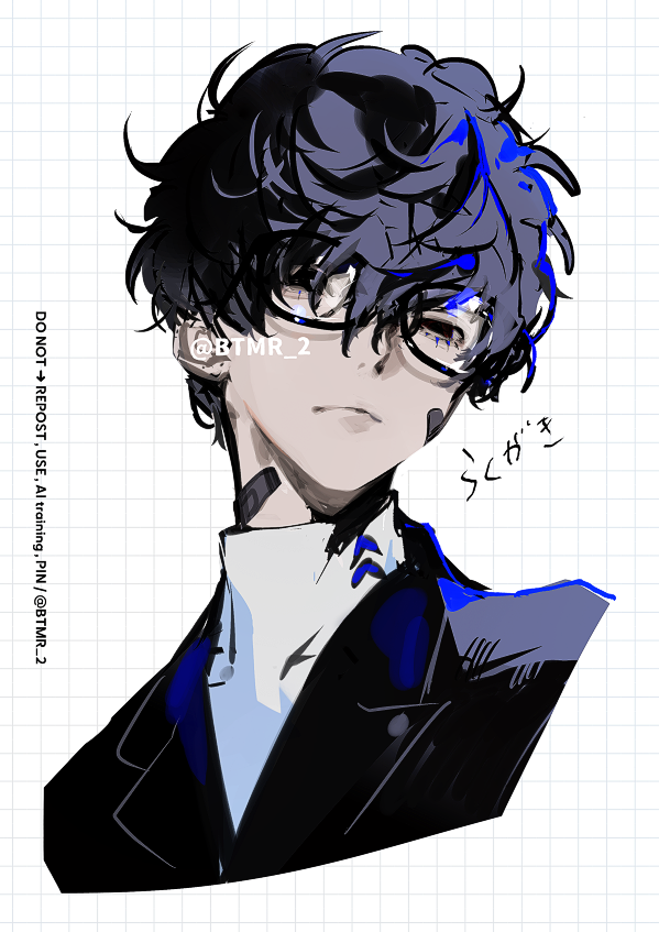 1boy amamiya_ren bandages black_eyes black_jacket btmr_game closed_mouth glasses jacket male_focus persona persona_5 shirt short_hair solo twitter_username upper_body white_shirt