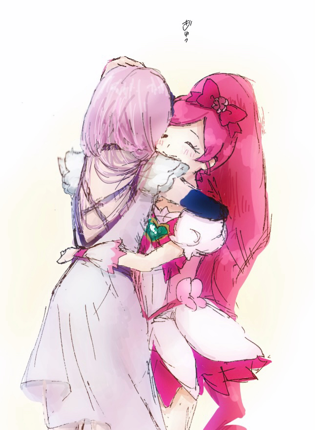 2girls back_cutout blue_gloves blush bow bowtie brooch closed_eyes closed_mouth clothing_cutout cure_blossom cure_moonlight dress elbow_gloves gloves hair_bow hanasaki_tsubomi heart heart_brooch heartcatch_precure! hug huu_san1 jewelry long_hair magical_girl multiple_girls pink_bow pink_bowtie pink_hair pink_skirt ponytail precure puffy_short_sleeves puffy_sleeves purple_hair short_dress short_sleeves skirt tsukikage_yuri two-tone_dress white_dress wrist_cuffs