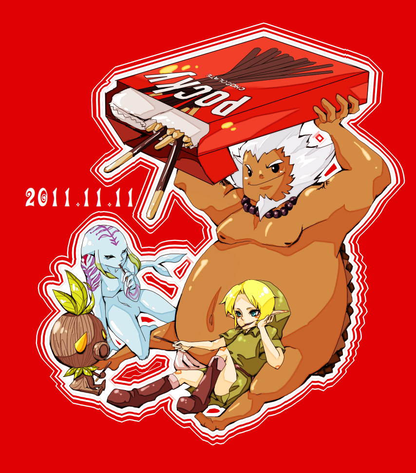 2011 4boys boots darmani dated deku_butler&#039;s_son deku_scrub eating food goron gotya green_tunic link mikau multiple_boys nintendo oversized_food oversized_object phrygian_cap pocky pocky_day the_legend_of_zelda the_legend_of_zelda:_majora&#039;s_mask tunic zora