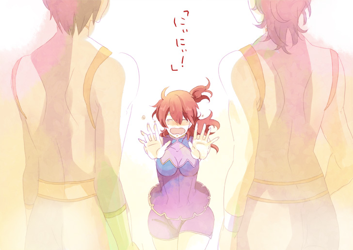 00s 1girl 2boys bad_id bad_pixiv_id blush brother_and_sister brothers gundam gundam_00 johann_trinity long_hair michael_trinity multiple_boys nena_trinity red_hair shorts siblings side_ponytail tears translation_request tsuyumi_(roro) tuyumi