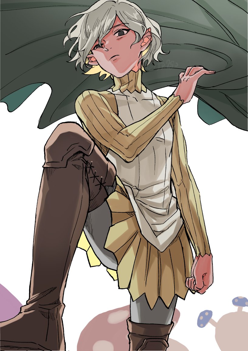 1boy bags_under_eyes black_eyes boots cloak doro_(kura-chou) dungeon_meshi elf from_below gorget green_cloak grey_hair holding holding_cloak holding_unworn_clothes hood knee_up lazy_eye long_sleeves looking_at_viewer male_focus mithrun notched_ear pointy_ears shirt short_hair simple_background solo thigh_boots tunic uneven_eyes unworn_cloak walking_mushroom_(dungeon_meshi) wavy_hair white_background