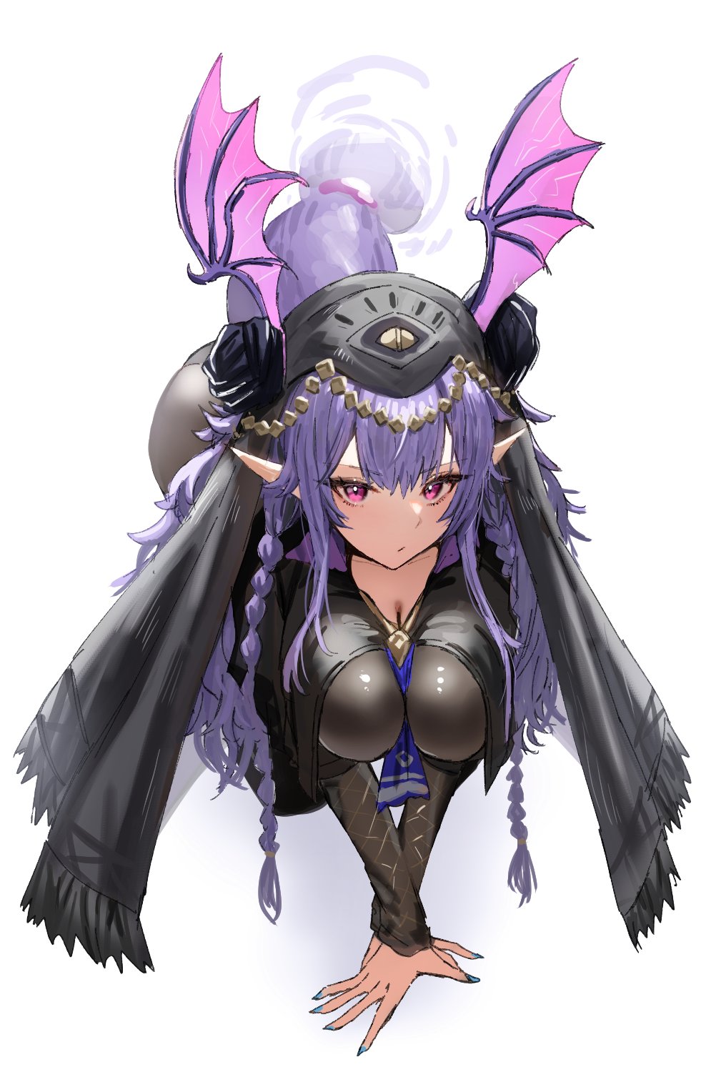 1girl arknights blue_nails breasts flower hair_flower hair_ornament head_wings highres horn/wood large_breasts long_hair looking_at_viewer manticore_(arknights) manticore_(under_a_veil)_(arknights) pantyhose pink_eyes pointy_ears purple_hair sidelocks solo veil wings