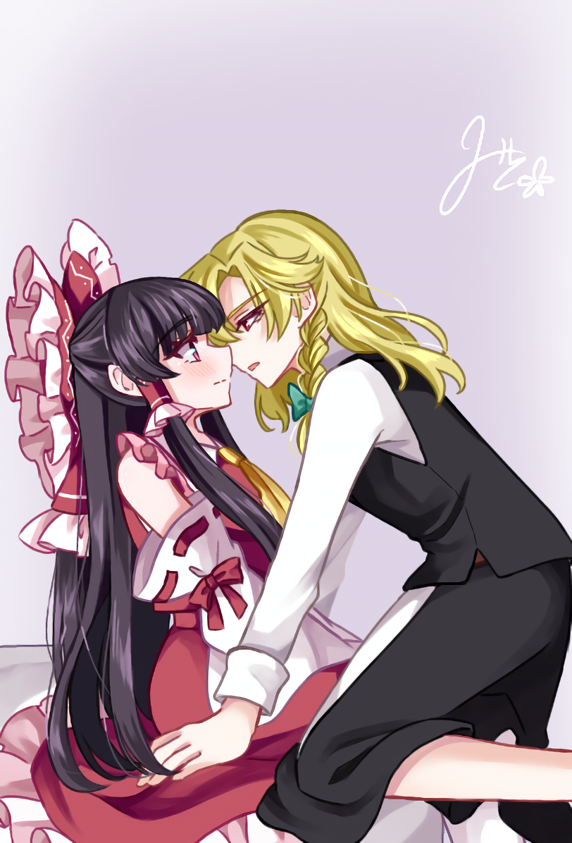2girls ascot black_skirt black_vest blonde_hair blush bow braid brown_hair closed_mouth commentary_request detached_sleeves eye_contact frilled_bow frilled_hair_tubes frills green_bow hair_bow hair_tubes hakurei_reimu imminent_kiss kirisame_marisa long_hair long_sleeves looking_at_another mito_(fate) multiple_girls no_headwear open_mouth red_bow red_eyes red_skirt ribbon-trimmed_sleeves ribbon_trim shirt side_braid signature single_braid sitting skirt skirt_set touhou very_long_hair vest white_shirt yellow_ascot yuri