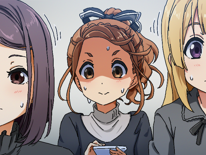 22/7 3girls black_ribbon blonde_hair braid brown_eyes brown_hair cellphone closed_mouth fujima_sakura grey_eyes grey_hair grey_shirt hair_ribbon high_ponytail hiiragi_tsubomi holding holding_phone igashiko kono_miyako long_hair long_sleeves looking_at_phone looking_down medium_hair motion_lines multiple_girls oekaki phone ponytail purple_eyes ribbon shaded_face shirt simple_background single_braid smartphone solo_focus sweatdrop turn_pale turtleneck turtleneck_shirt upper_body white_background white_ribbon white_shirt