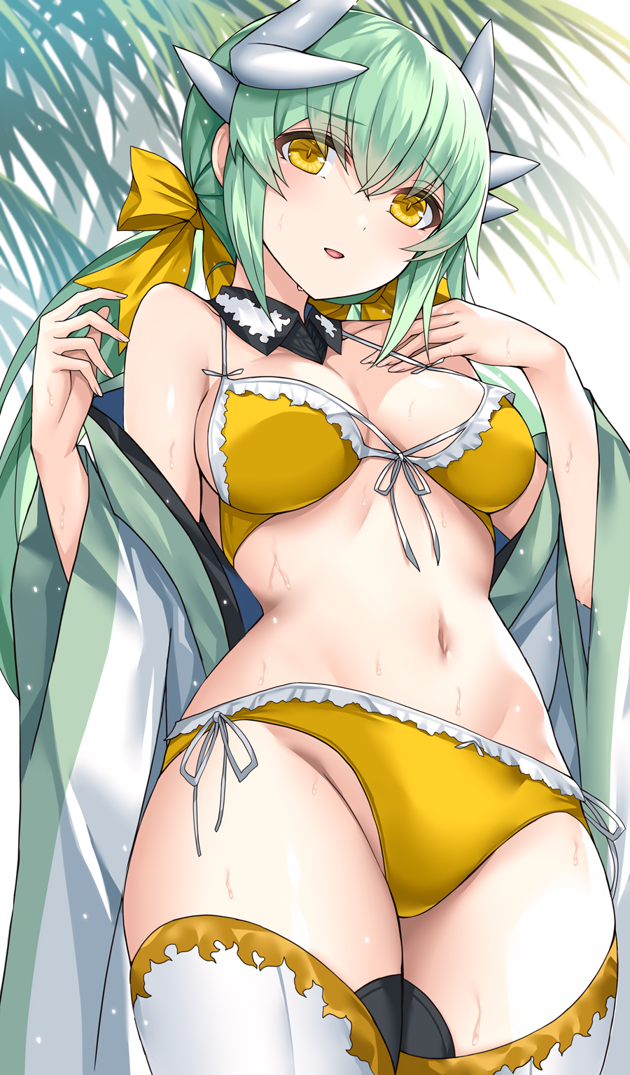 1girl bare_shoulders bikini blush breasts dragon_girl dragon_horns fate/grand_order fate_(series) green_hair hair_ornament highres horns kiyohime_(fate) large_breasts long_hair long_sleeves looking_at_viewer morizono_shiki parted_lips side-tie_bikini_bottom smile solo swimsuit thighhighs thighs white_thighhighs wide_sleeves yellow_bikini yellow_eyes