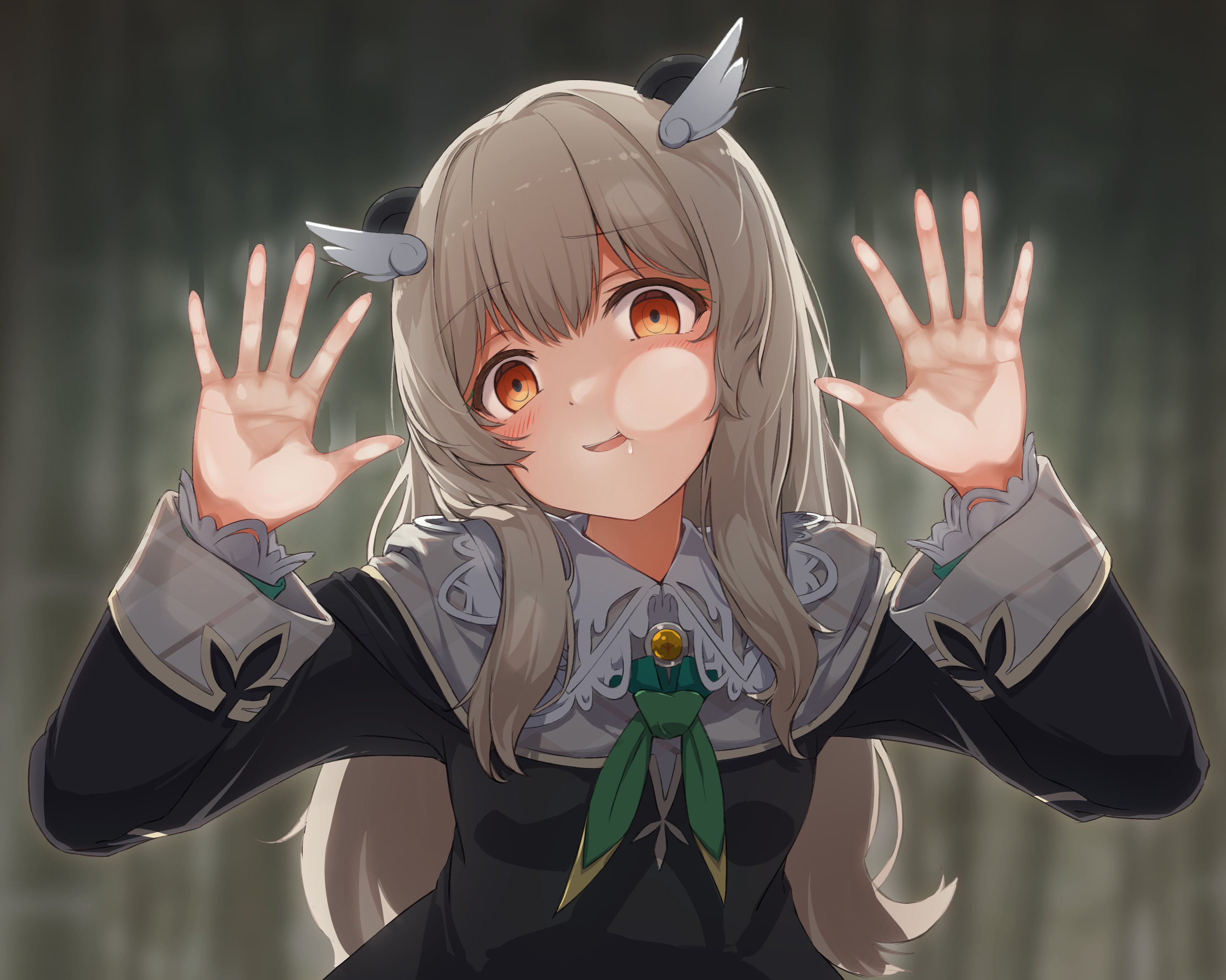 1girl absurdres akizuki_rito amatsuna_sasaha animal_ears blush breasts brown_eyes commentary_request dark_background empty_eyes feather_hair_ornament feathers fourth_wall hair_ornament highres indie_virtual_youtuber light_brown_hair looking_at_viewer open_mouth saliva small_breasts solo virtual_youtuber